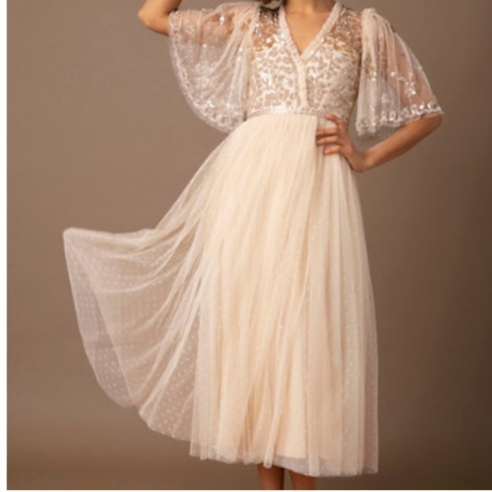 NEW BHLDN Needle & Thread  8 Wrap Midi Dress With Gold Embellisment In Champagne